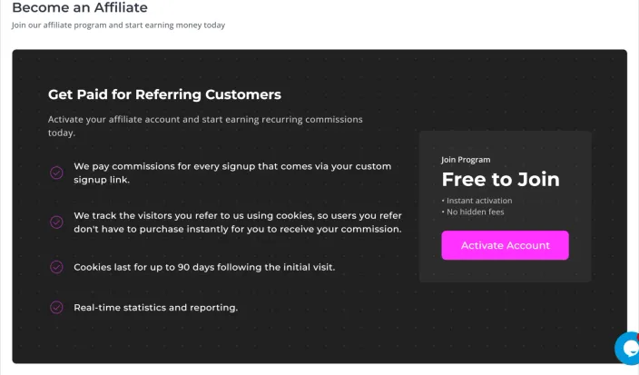The Become an Affiliate page with its magenta Activate Account button