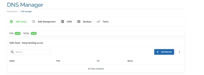 HostAfrica’s “DNS Manager” dashboard - showing dns zone and an interface to add new records
