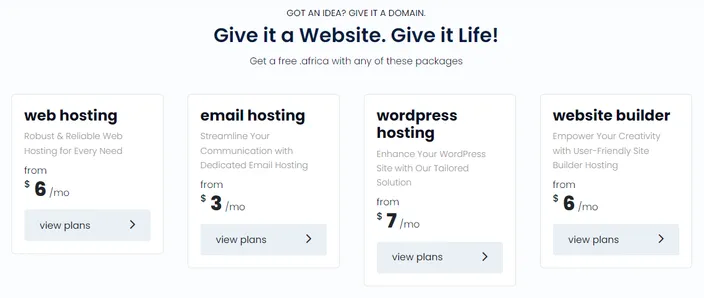 HostAfrica's hosting options