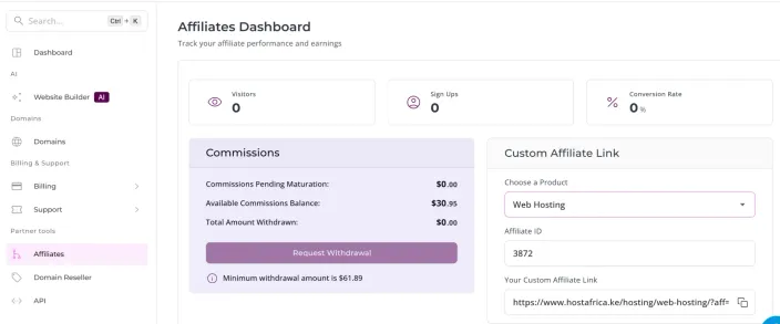 The Affiliates Dashboard shows the Visitors, Sign Ups and Conversion Rate cards, the Commissions card and the Custom Affiliate Link card.