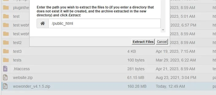 extracting WoWonder zip file in files manager