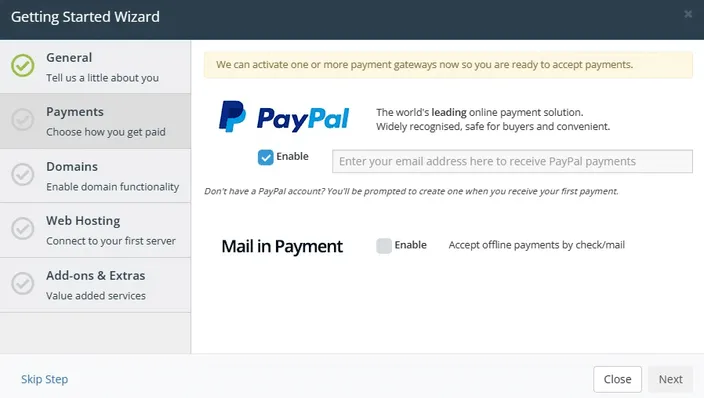 whmcs setup wizard payments