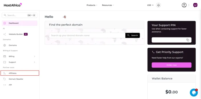 The client area dashboard with the Affiliates link highlighted in the left sidebar under Partner tools