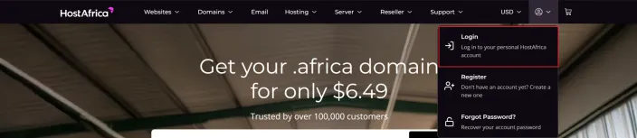 HostAfrica site header with the account menu open and Login highlighted in red