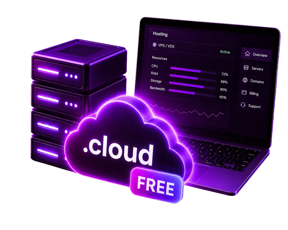 A stack of servers and a laptop beside a glowing .cloud domain badge marked free