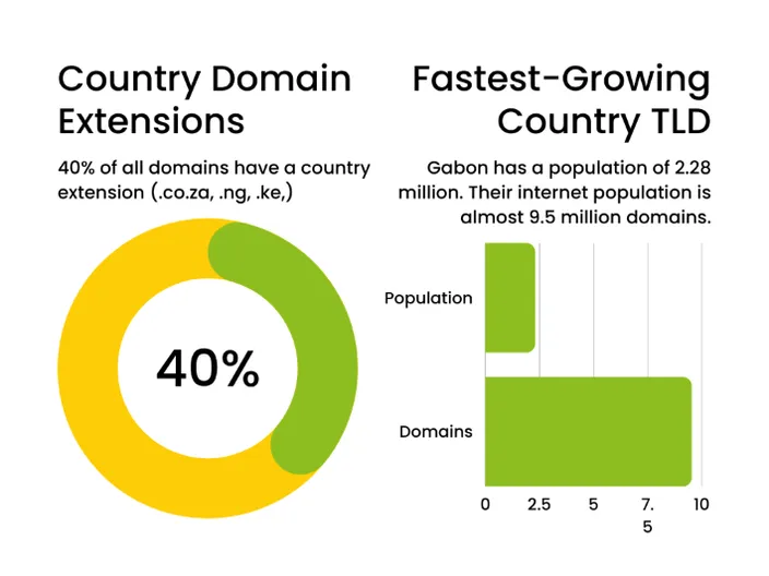 Two charts showing that 40% of all domains have country extensions and that Gabon has the fastest growing internet population.
