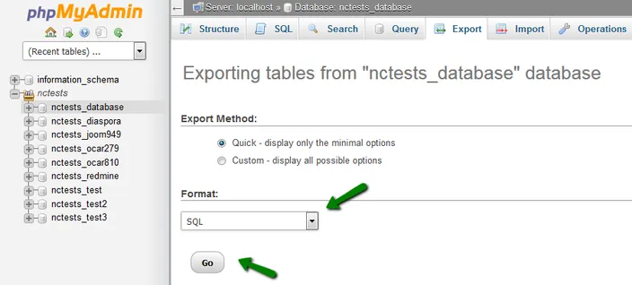phpMyAdmin export screen with the Quick method selected and the format set to SQL