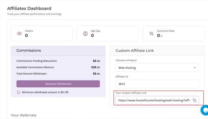 The Affiliates Dashboard with the Your Custom Affiliate Link field highlighted on the Custom Affiliate Link card
