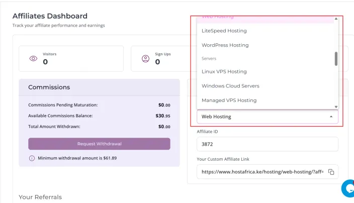 Affiliates Dashboard with the Custom Affiliate Link card and the Choose a Product dropdown open