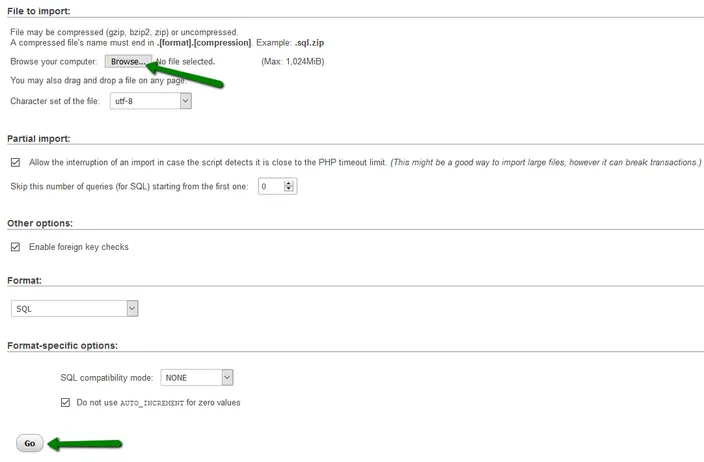 phpMyAdmin import screen with the Browse button and the Go button marked