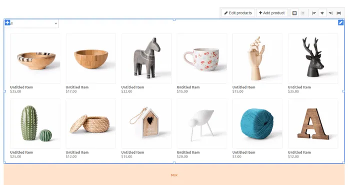 List of default products from the Commerce element in Website Builder Pro