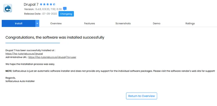 Drupal completed installation page via Softaculous