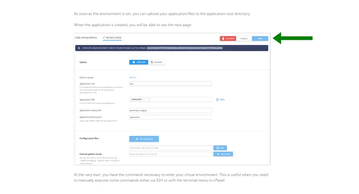 cPanel Setup Python App screen with the Python version, application root, URL and startup file