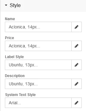 The style window allows you to change the font and text describing the products on your website