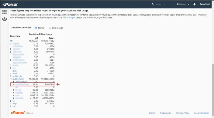 cPanel disk usage view
