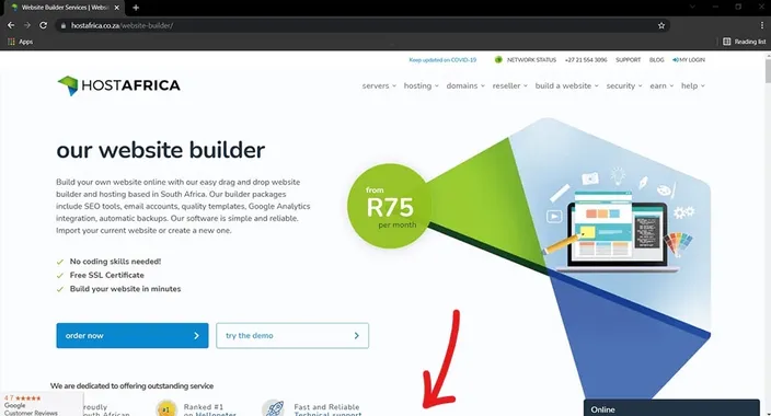 window screenshot of HostAfrica webpage fold