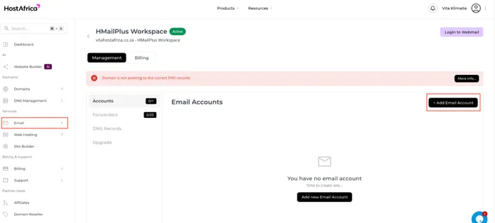 HMailPlus Workspace with Email and Add Email Account buttons highlighted