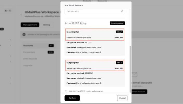 HMailPlus Workspace pop up displaying Incoming and Outgoing Mail settings for IMAP and SMTP setup.