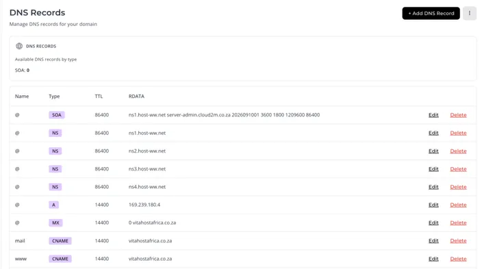 HostAfrica DNS zone with NS, A, MX and other DNS records displayed