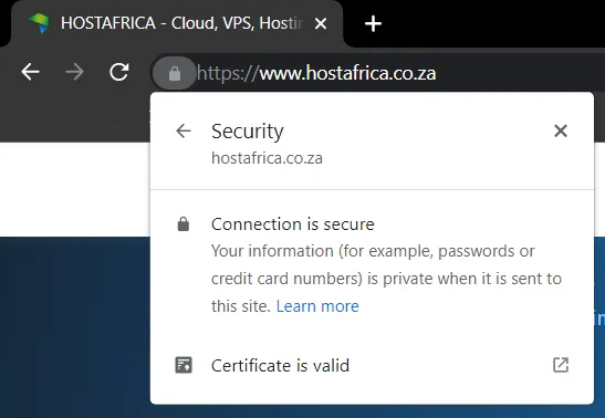 HostAfrica SSL certificate in browser