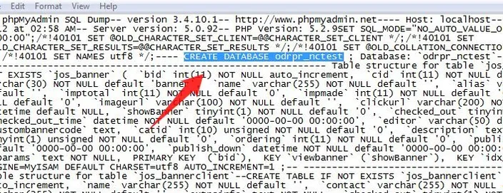 SQL dump open in a text editor with the CREATE DATABASE line highlighted