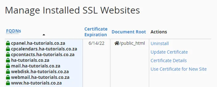 Domains with green padlocks, indicating that SSL certificates are installed