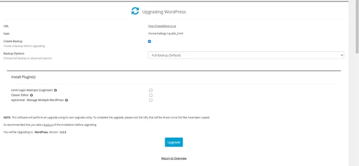 Just to be on the safe side, tick the Create Backup checkbox. Then click Upgrade.