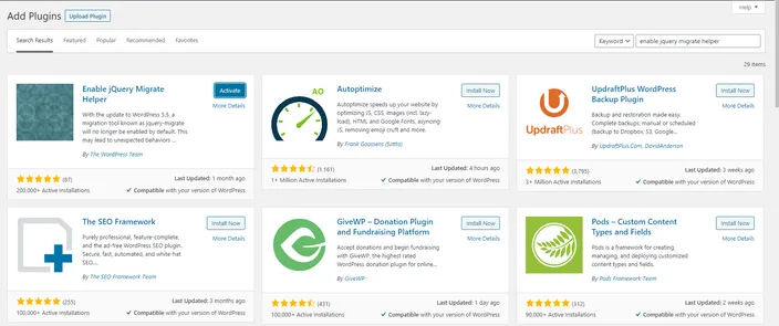 Search for Enable jQuery Migrate Helper, click Install Now, and then Activate.