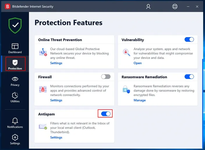 Bitdefender Protection tab antispam toggle