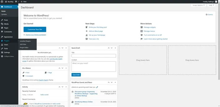 From the WordPress dashboard, go to Plugins and then click Add New.