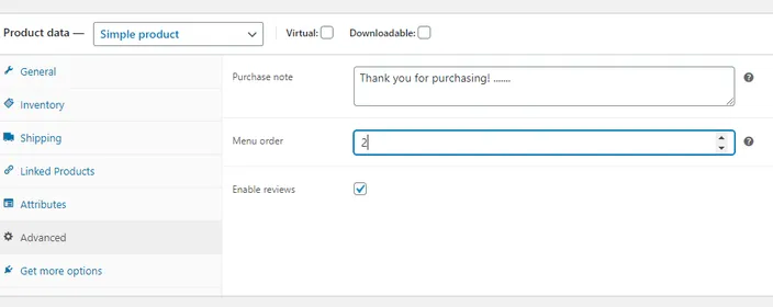screenshot WooCommerce Product data Advanced form