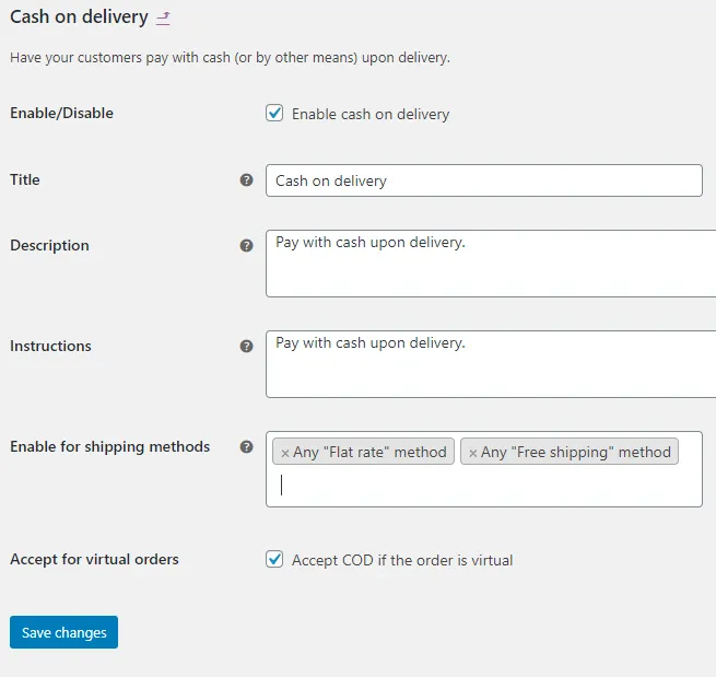 screenshot WooCommerce Cash on Delivery setup form