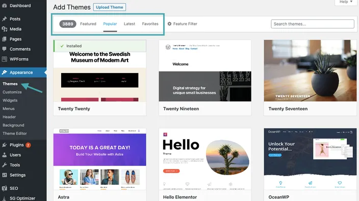 Installing a theme on WordPress.