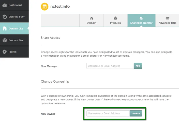 Namecheap Sharing and Transfer tab with the Change Ownership New Owner field highlighted