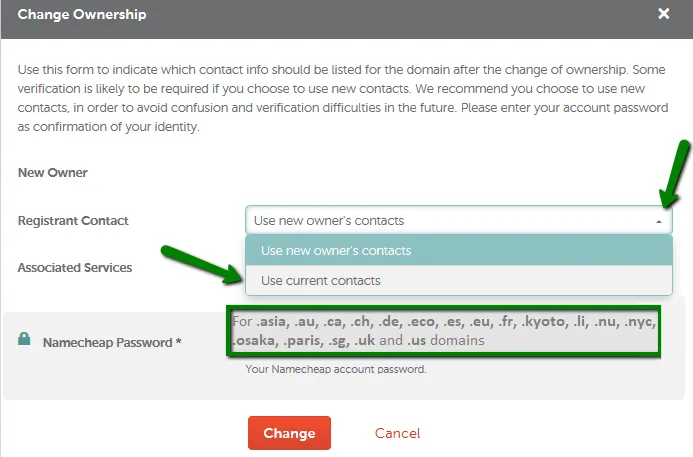 Namecheap Change Ownership modal with the Registrant Contact dropdown open and the password field