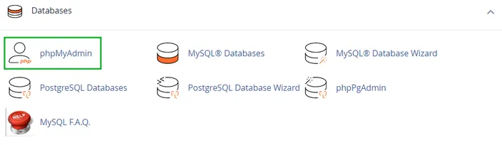 cPanel Databases section with phpMyAdmin highlighted