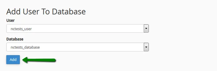 cPanel Add User To Database form with a user and database chosen and the Add button marked