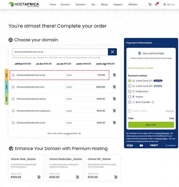 Domain Registration Prices in Cart