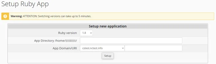 Setup Ruby App screen with the Ruby version, App Directory and App Domain URI fields