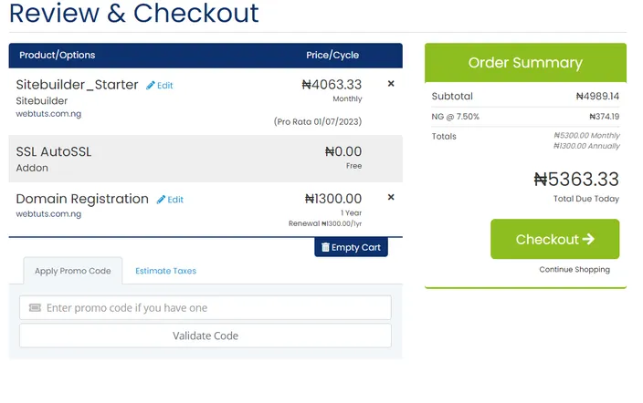 Image of the HostAfrica review and checkout page