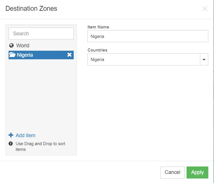 Destination zones when creating shop details in website builder