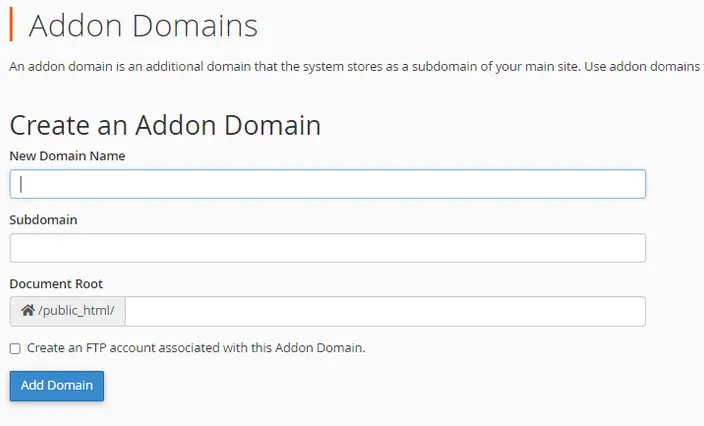 Creating a new domain via Addon Domains