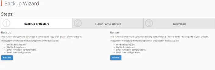 Backup wizard page in cPanel