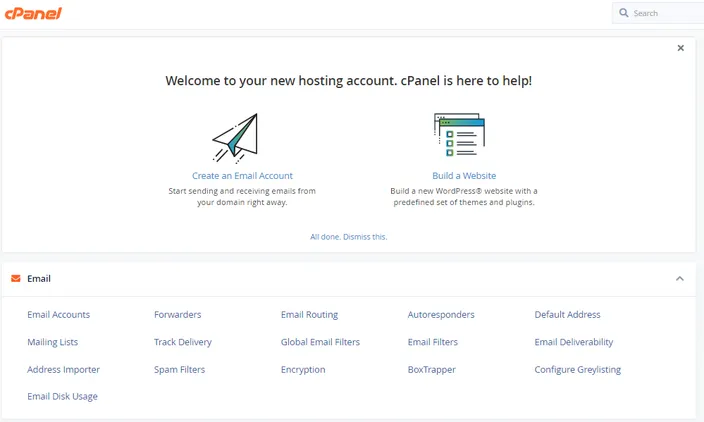 cPanel home page first time log in