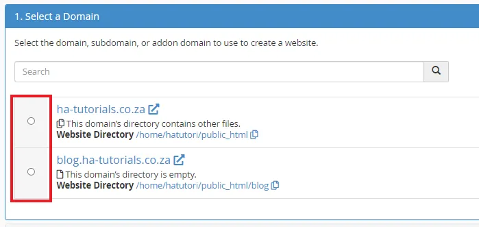 Selecting a domain for placeholder page in cPanel