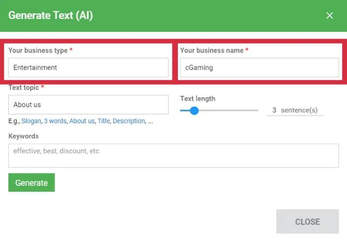The Generate Text (AI) button field with some options highlighted