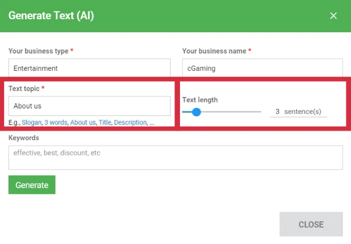 The Generate Text (AI) button field with a few options highlighted to assist with text generation.
