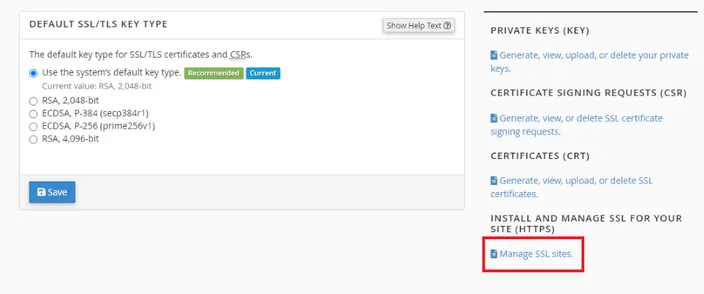 A list of options inside a security section of cPanel.