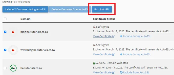The Run AutoSSL screen that certain clients can use to automatically enable an SSL certificate