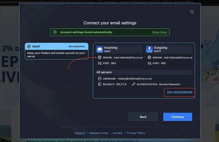 Incorrect automatically included email settings during Thunderbird email app setup
